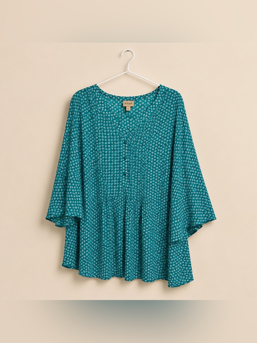 Catherines 3x 26/28W Turquoise and White Print Polyester Bell Sleeve Blouse